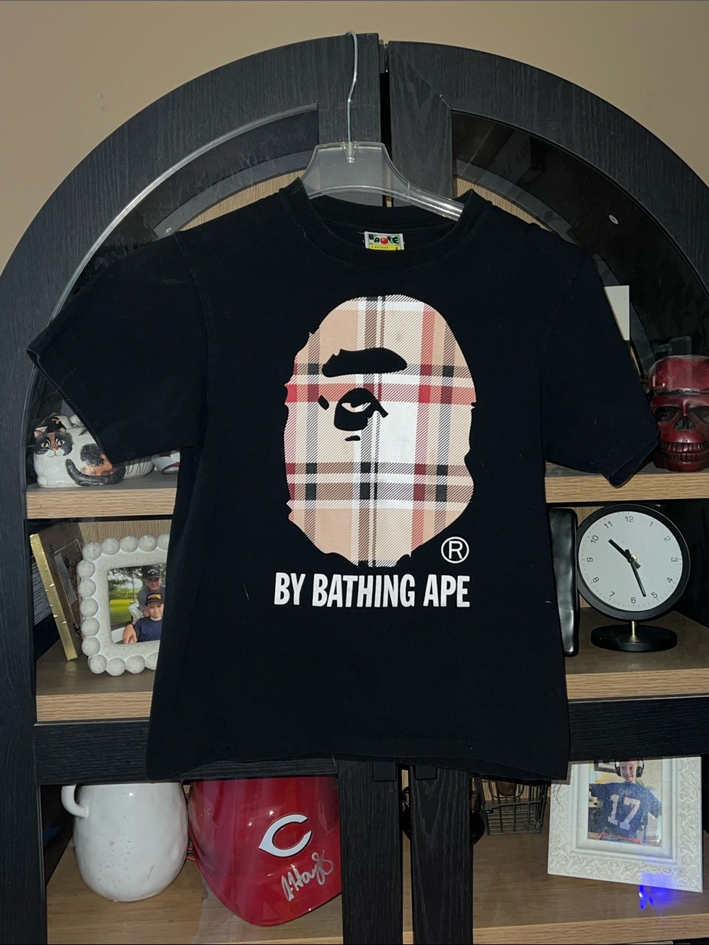 A Bathing Ape - Black Tee with Beige Plaid Ape Head Graphic S